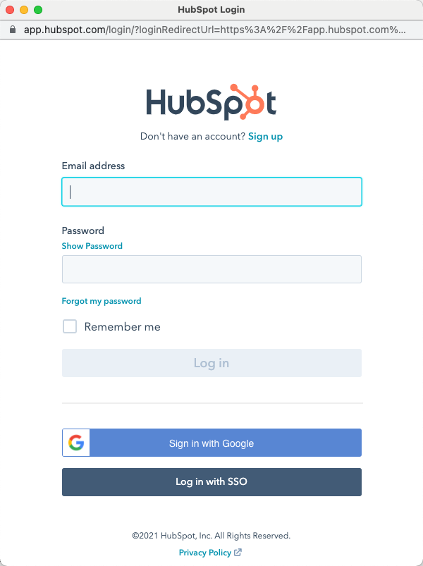 Inicio de sesión de HubSpot